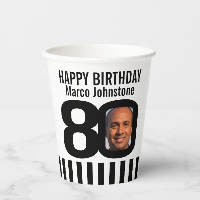 Black white 80th birthday custom photo  paper cups (Front)