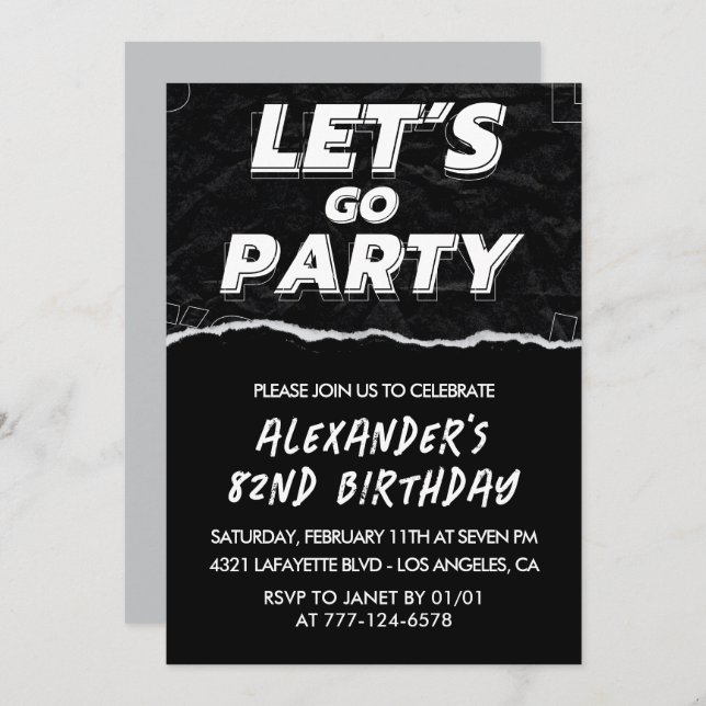 Black White 82nd birthday invitations Men  (Front/Back)