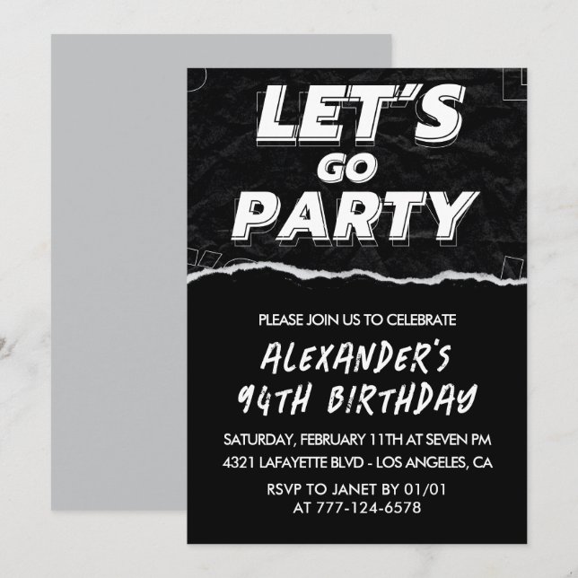 Black White 94th birthday invitations Men  (Front/Back)