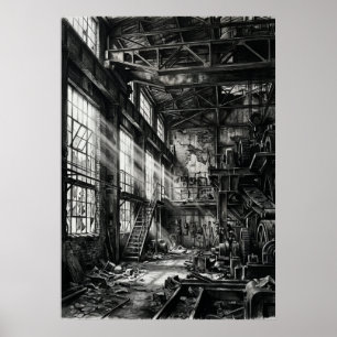 Black White Abandoned Industrial Factory Urban Exp Poster