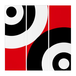 Black & White Abstract Circles on Red Triptych