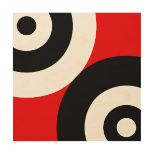 Black & White Abstract Circles on Red Wood Wall Art