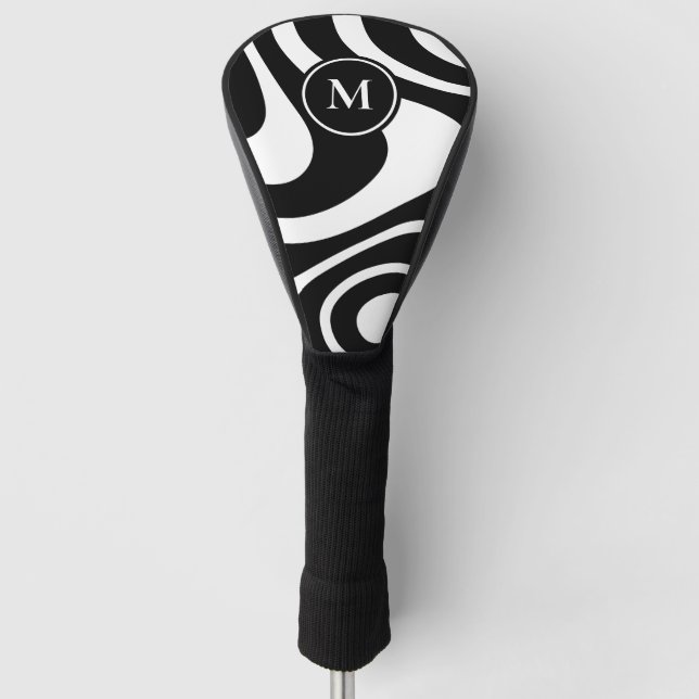 Black White Abstract Design Custom Initial Driver Golf Head Cover (Front)