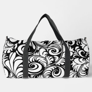 Black White Abstract Floral Print Large Duffle Bag