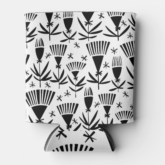 Black White Abstract Flowers: Elegant Pattern Can Cooler (Front)