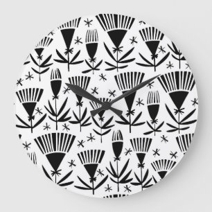 Black White Abstract Flowers: Elegant Pattern Large Clock