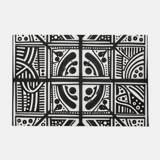 Black White Abstract Geometric Pattern Doormat (Front)