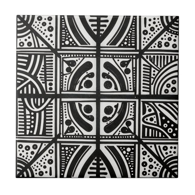 Black White Abstract Geometric Pattern Tile (Front)