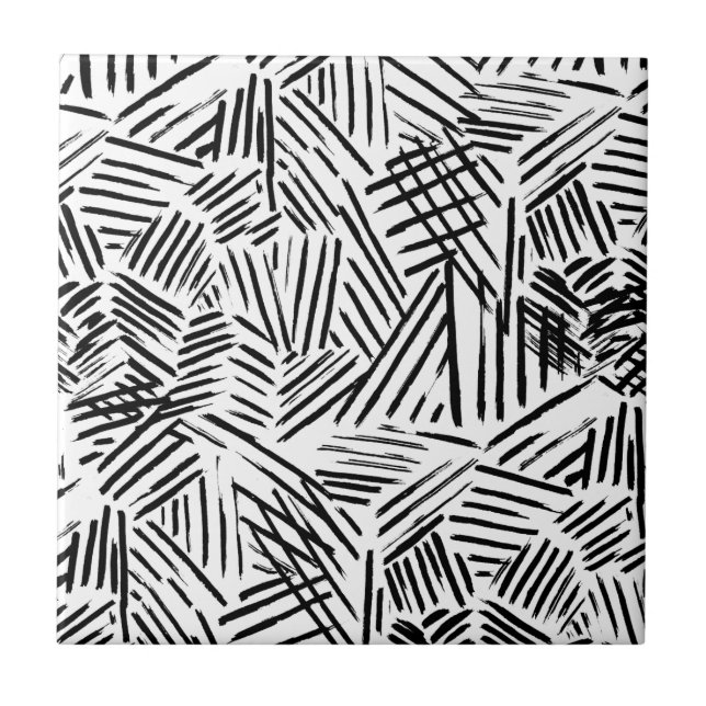 Black White Abstract Linear drawn Lines Pattern Tile (Front)