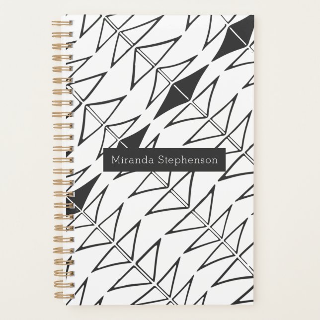 Black White Abstract Lines Shapes Personalised Pla Planner (Front)
