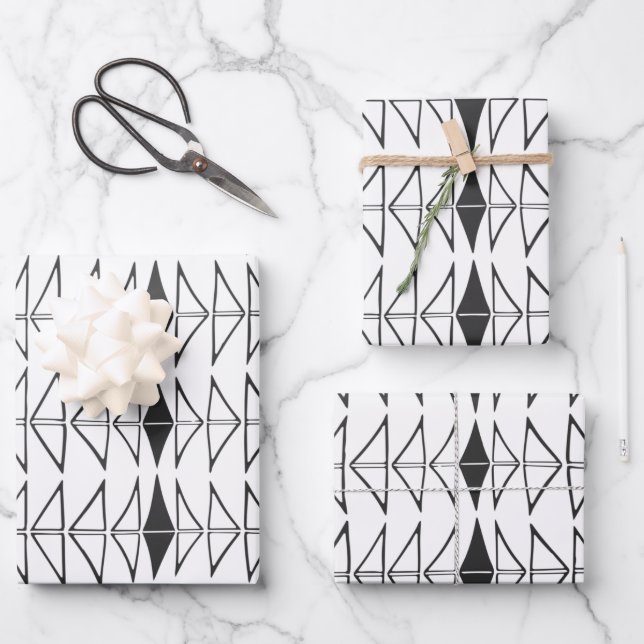 Black White Abstract Lines Shapes Quirky Pattern  Wrapping Paper Sheet (Front)