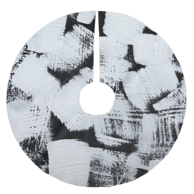 Black white, abstract painted canvas. brushed polyester tree skirt (Front)