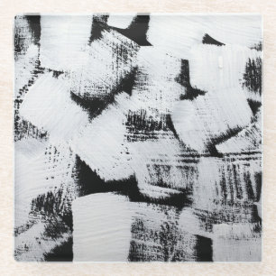 Black white, abstract painted canvas. glass coaster