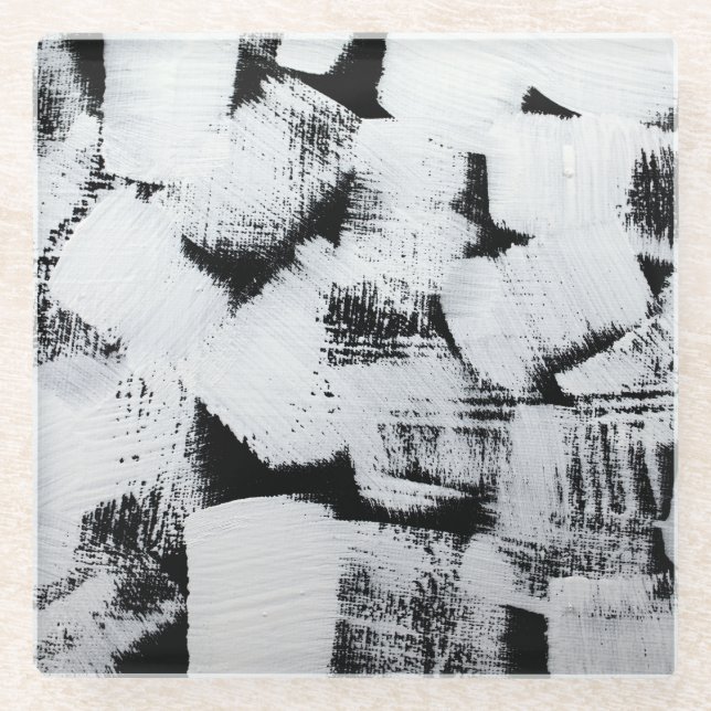 Black white, abstract painted canvas. glass coaster (Front)