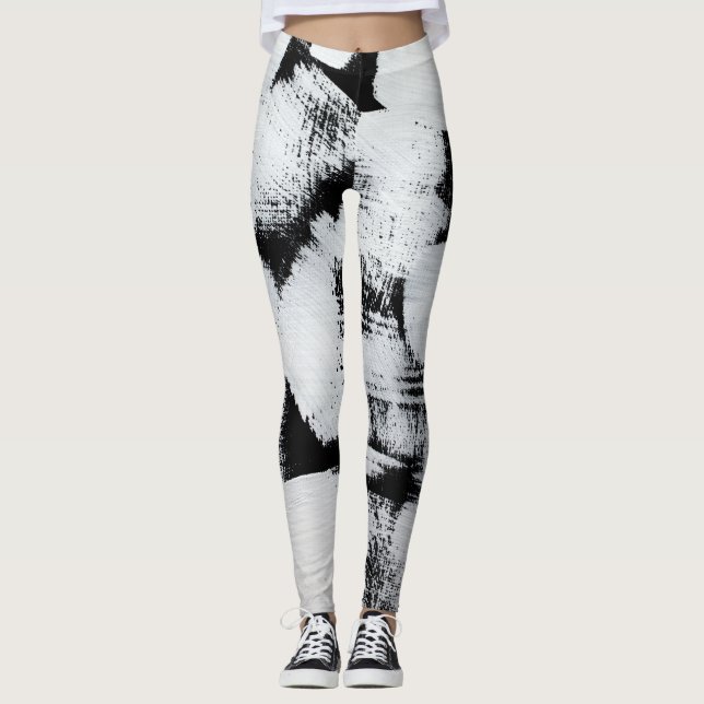 Black white, abstract painted canvas. leggings (Front)