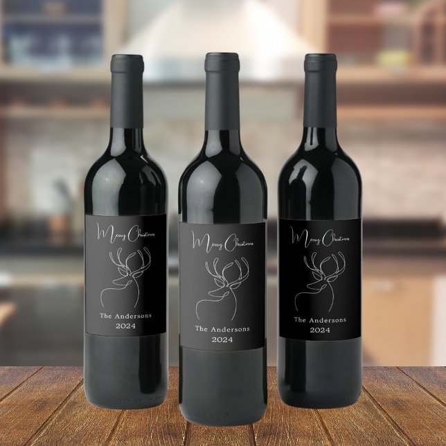 Black white abstract reindeer modern Christmas Wine Label (Creator Uploaded)