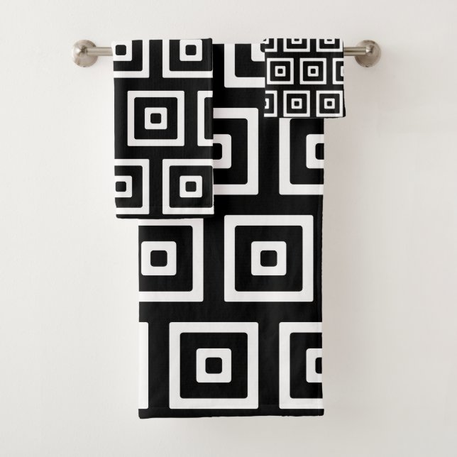Black & White Abstract Squares Bath Towel Set (Insitu)