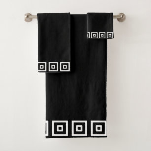 Black & White Abstract Squares on Black Bath Towel Set