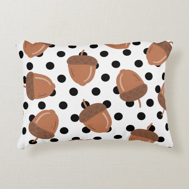 Black & White Acorn Botanical Polka Dot Cosy Fall Decorative Cushion (Front)