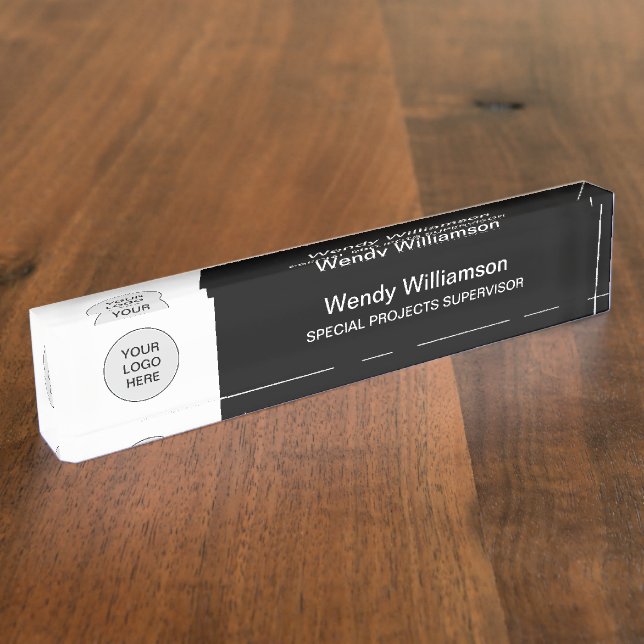 Black White Add Your Logo Office Desk Nameplate (Side)
