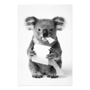 Black White Adorable Koala Holding Toilet Paper Photo Print