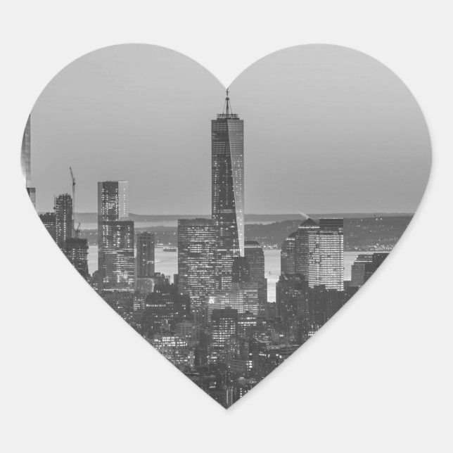 Black & White Aerial View of New York City Night Heart Sticker (Front)