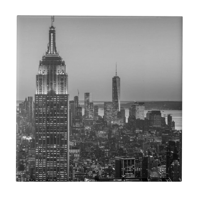 Black & White Aerial View of New York City Night Tile (Front)