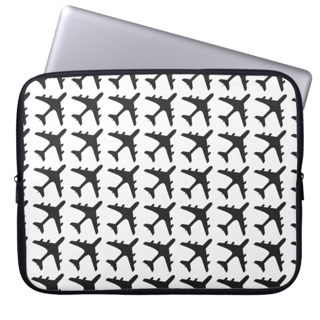 Black white aeroplane pattern laptop sleeve (Front)