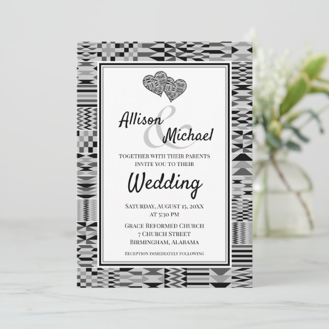 Black White African Kente K46 Wedding Invitation (Standing Front)