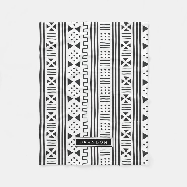 Black|White African MudCloth Inspired Personalised Fleece Blanket (Front)