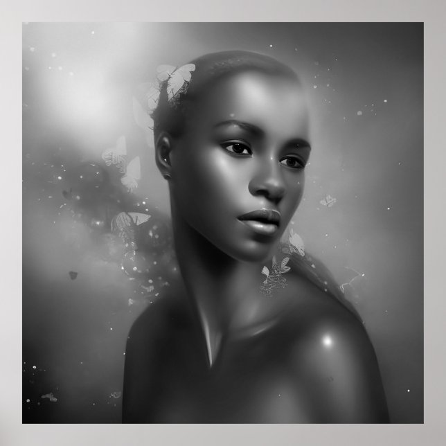 Black White African women butterfly monochrome 2 Poster (Front)