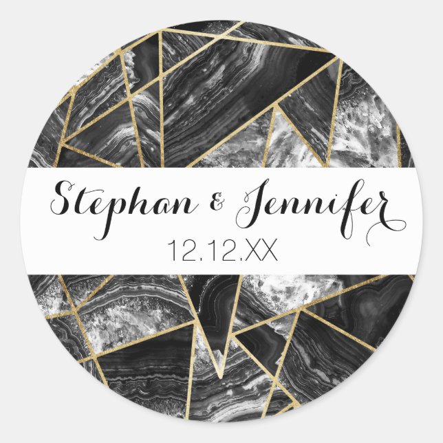 Black White Agate Black Gold Geometric Triangles Classic Round Sticker (Front)