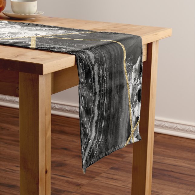 Black White Agate Black Gold Geometric Triangles Short Table Runner (In Situ)