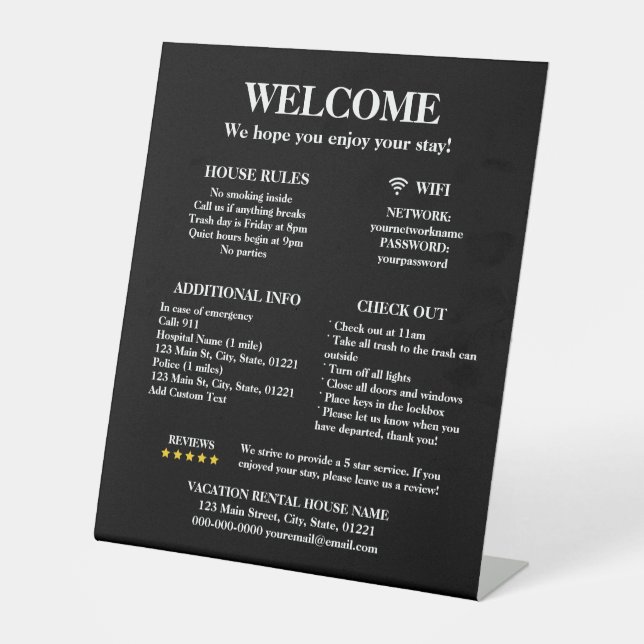 Black & White Airbnb Rental House Rules Welcome Pedestal Sign (Front)