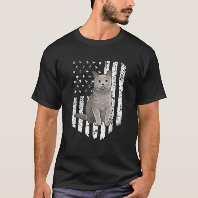 Black White American Flag British Shorthair 4th Of T-Shirt (Front)