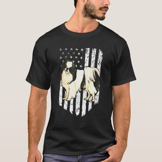 Black White American Flag Japanese Chin 4th Of Jul T-Shirt (Front)