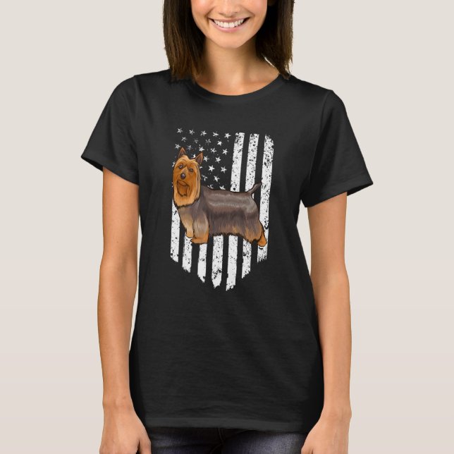 Black White American Flag Silky Terrier 4th Of Jul T-Shirt (Front)