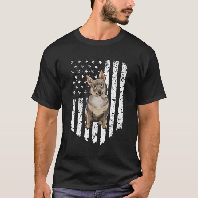 Black White American Flag Swedish Vallhund 4Th Of  T-Shirt (Front)