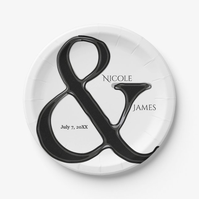 Black & White Ampersand Chic Wedding Reception Paper Plate (Front)