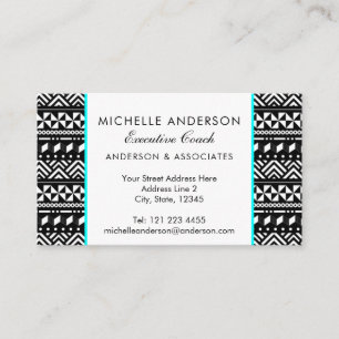 Black White and Aqua Tribal Zigzag Stripes Business Card