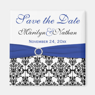 Black, White, and Blue Damask Save the Date Magnet