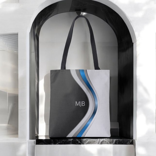 Black White and Blue Modern Curves with Monogram Tote Bag (Personalize with your monogram initials.)