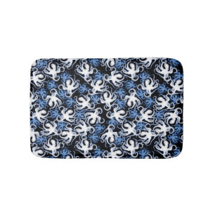 Black, White and Blue Octopus Seamless Pattern Bath Mat