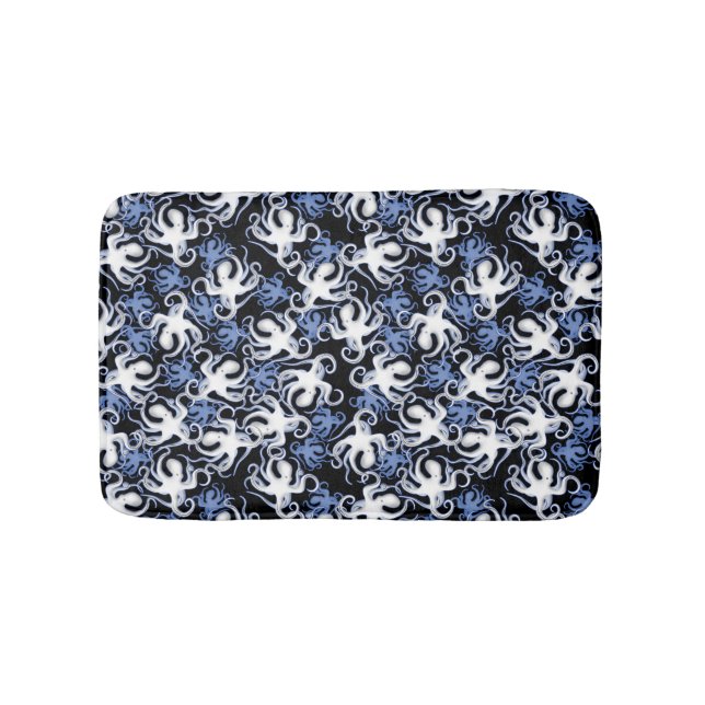 Black, White and Blue Octopus Seamless Pattern Bath Mat (Front)