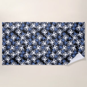 Black, White and Blue Octopus Seamless Pattern Beach Towel