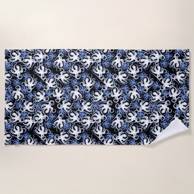 Black, White and Blue Octopus Seamless Pattern Beach Towel (Front)