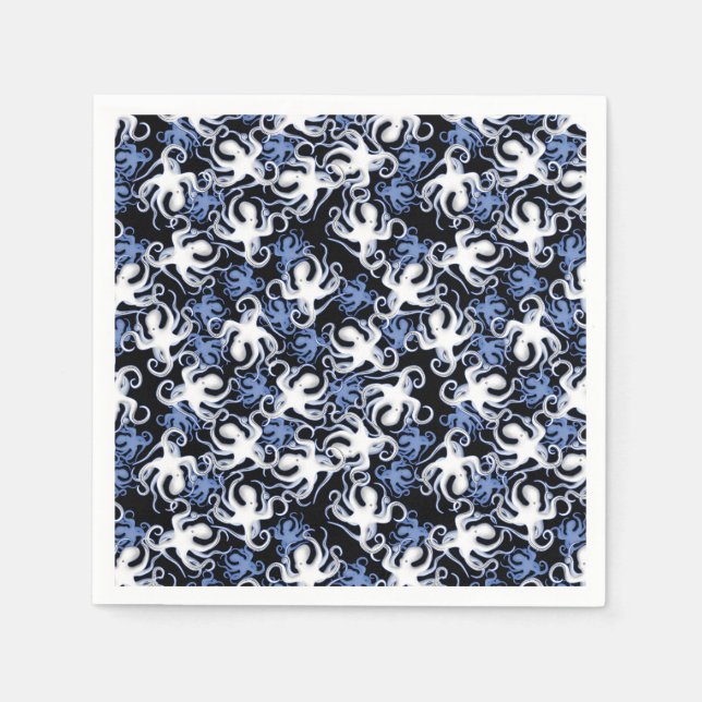 Black, White and Blue Octopus Seamless Pattern Napkin (Front)