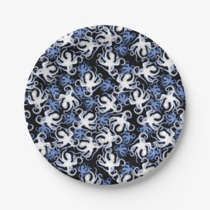 Black, White and Blue Octopus Seamless Pattern Paper Plate