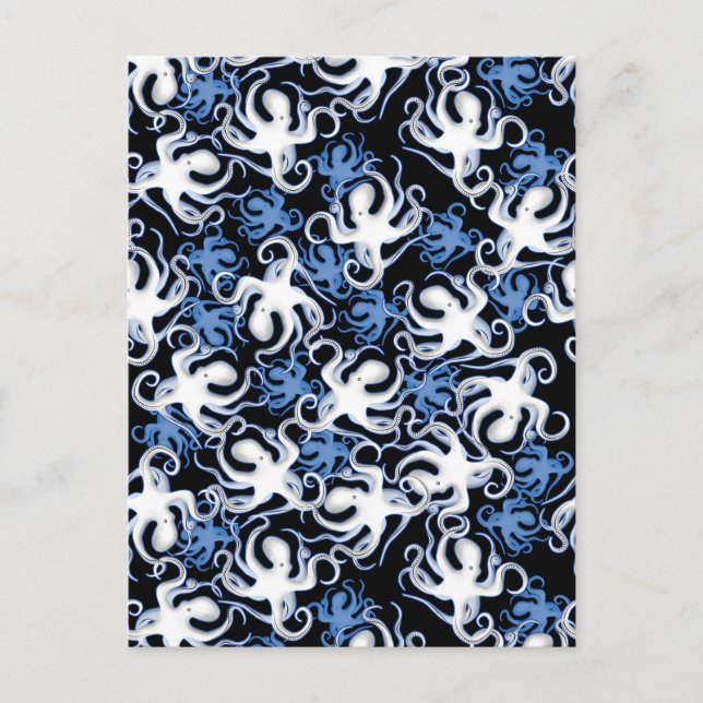 Black, White and Blue Octopus Seamless Pattern Postcard (Front)