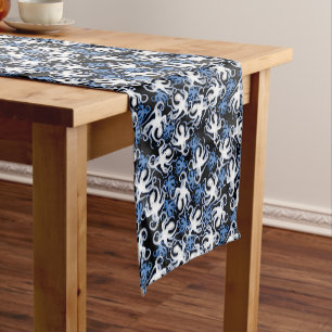 Black, White and Blue Octopus Seamless Pattern Short Table Runner